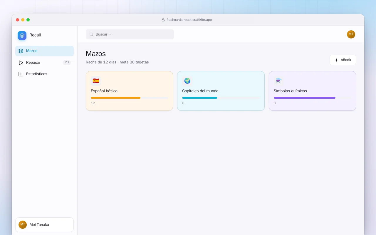 Entrenador de tarjetas (React): la pantalla Mazos