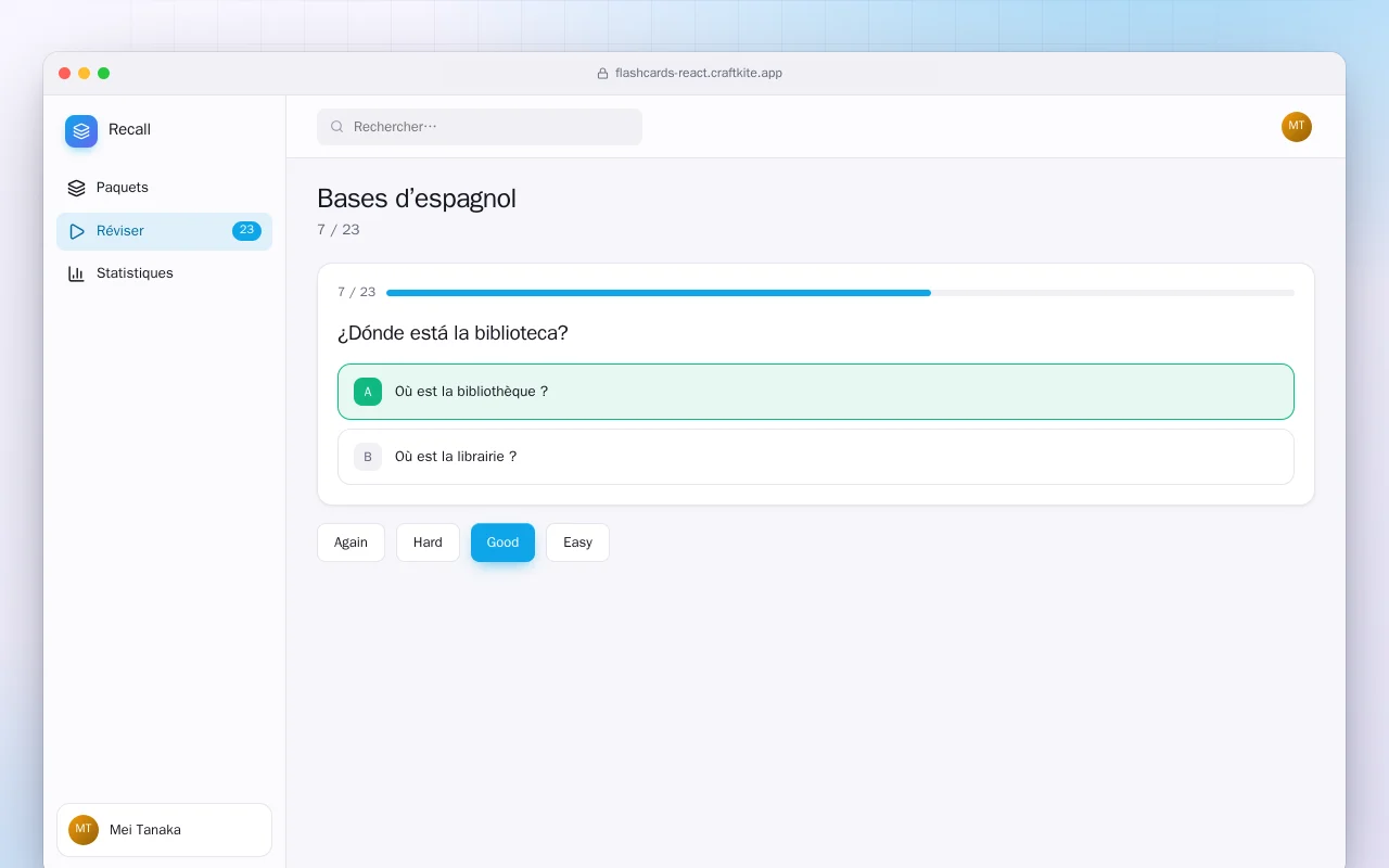 Entraîneur de cartes mémoire (React) : l’écran Bases d’espagnol