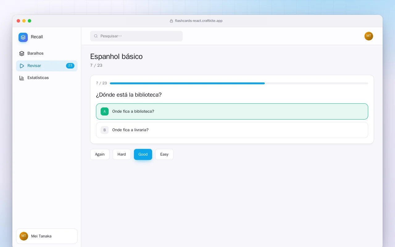 Treino de flashcards (React): a tela Espanhol básico
