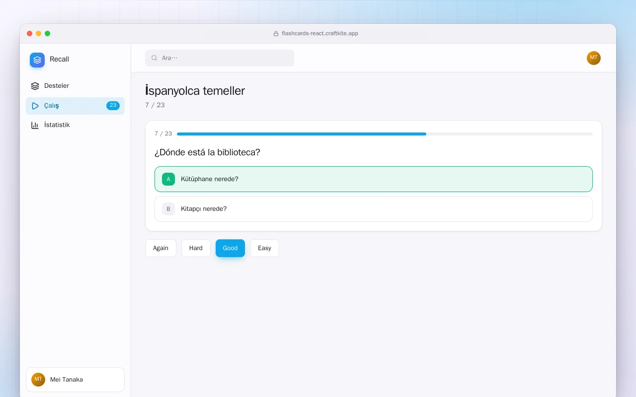 Bilgi Kartı Çalıştırıcı (React): İspanyolca temeller ekranı