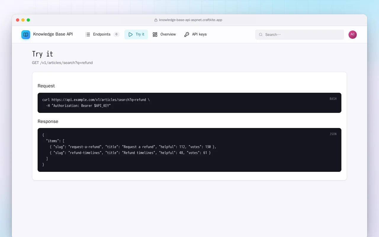 Knowledge Base API (ASP.NET Core): the Try it screen