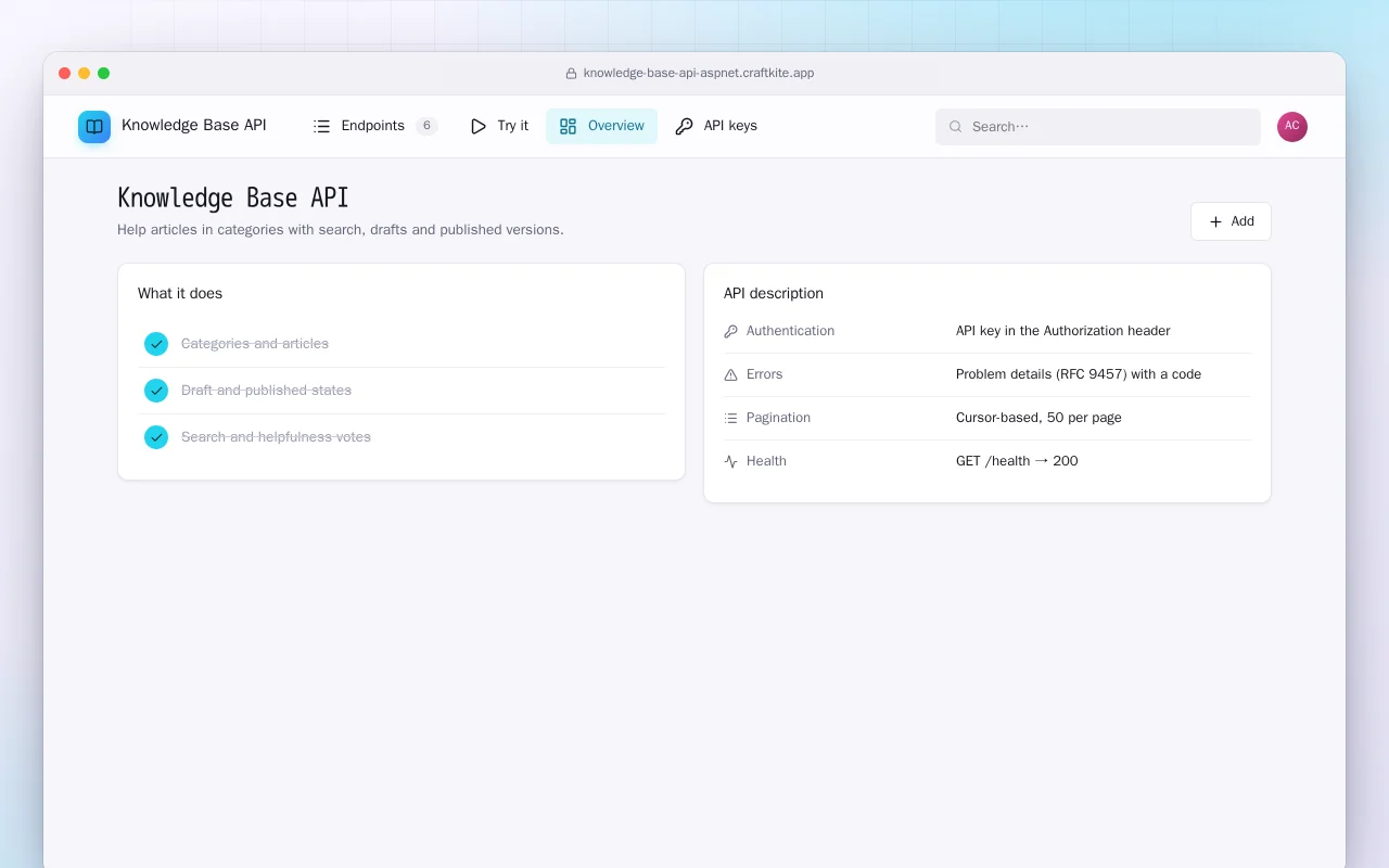 Knowledge Base API (ASP.NET Core): the Knowledge Base API screen