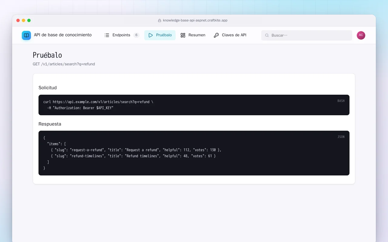 API de base de conocimiento (ASP.NET Core): la pantalla Pruébalo