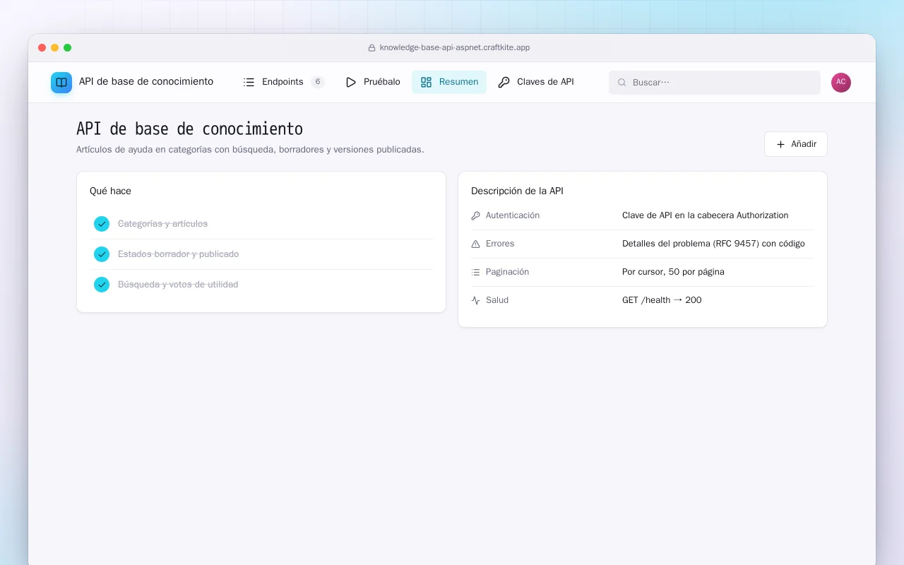 API de base de conocimiento (ASP.NET Core): la pantalla API de base de conocimiento