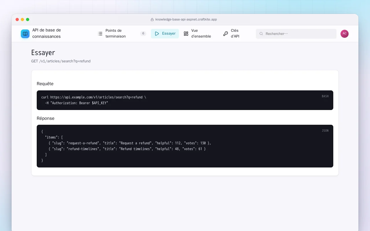 API de base de connaissances (ASP.NET Core) : l’écran Essayer