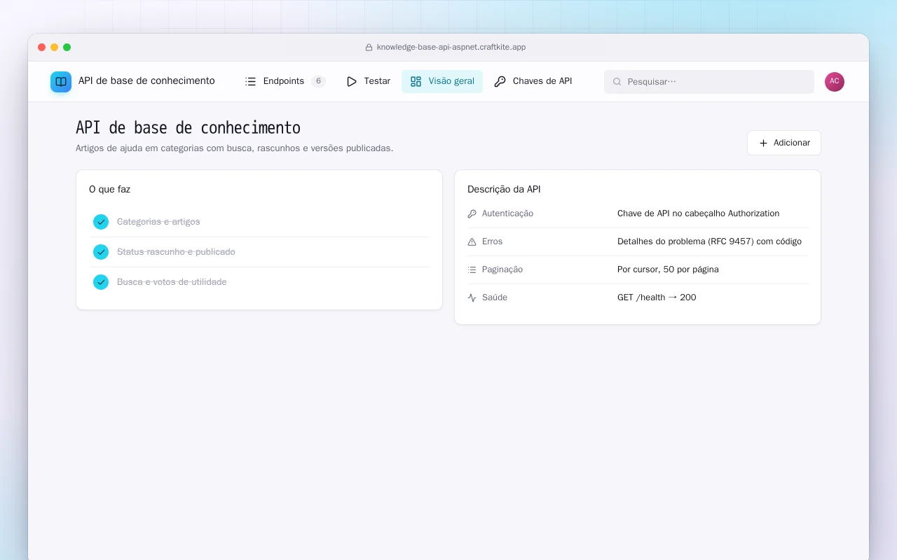 API de base de conhecimento (ASP.NET Core): a tela API de base de conhecimento