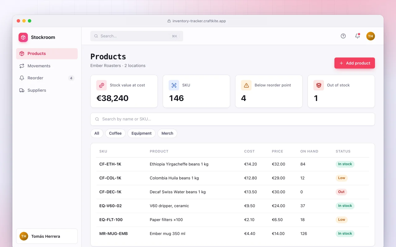 Inventory tracker: the Products screen