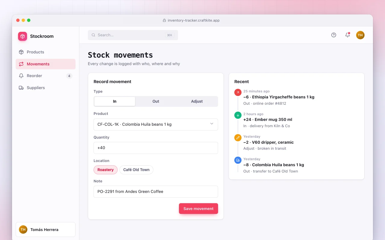 Inventory tracker: the Stock movements screen