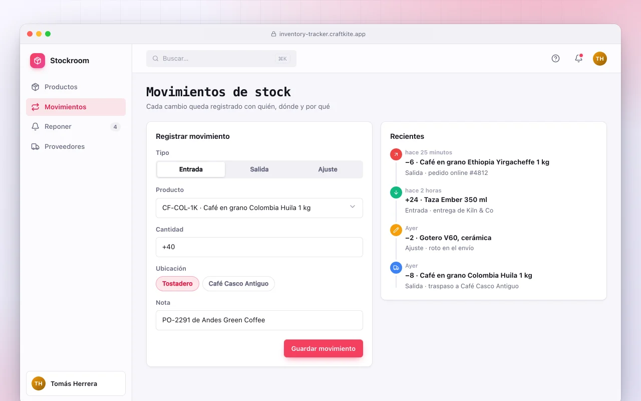 Control de inventario: la pantalla Movimientos de stock