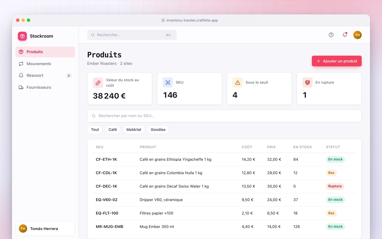 Suivi de stock : l’écran Produits