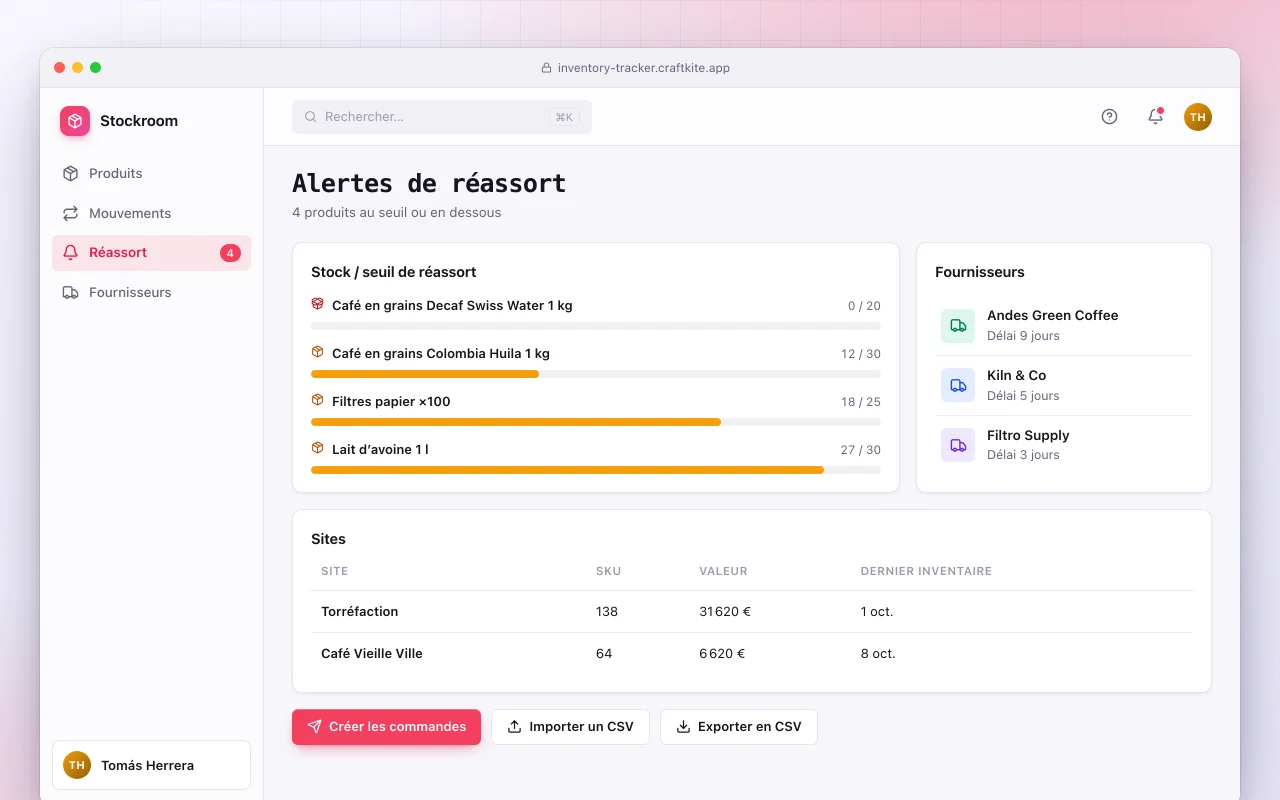 Suivi de stock : l’écran Alertes de réassort