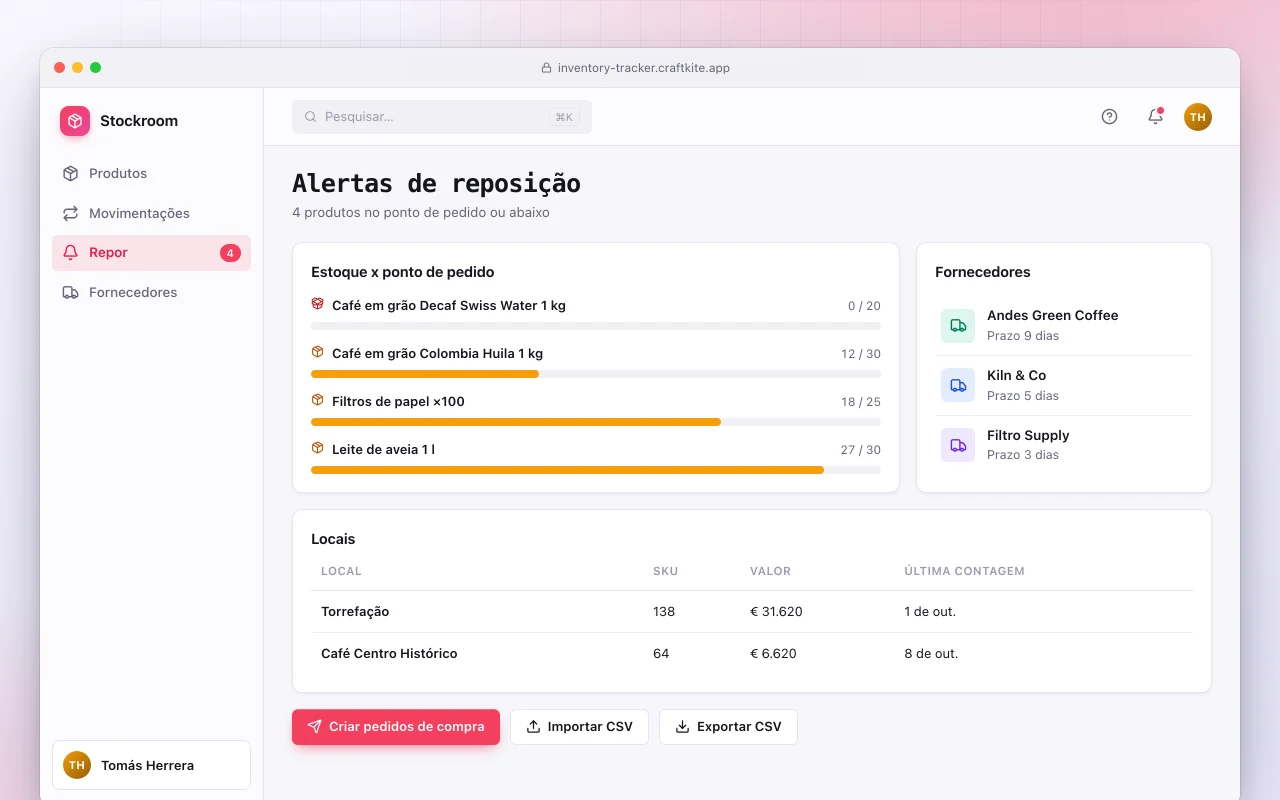 Controle de estoque: a tela Alertas de reposição