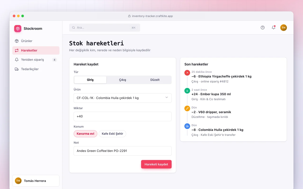 Stok takibi: Stok hareketleri ekranı