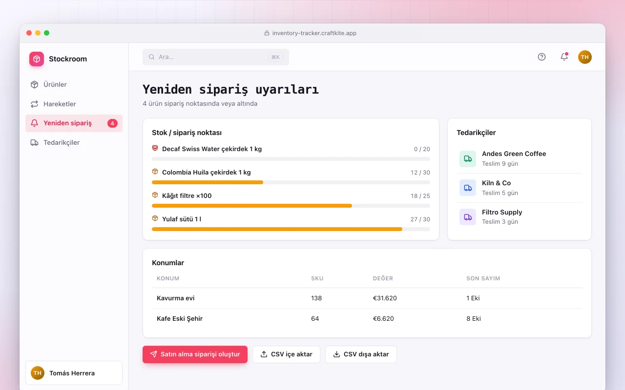Stok takibi: Yeniden sipariş uyarıları ekranı