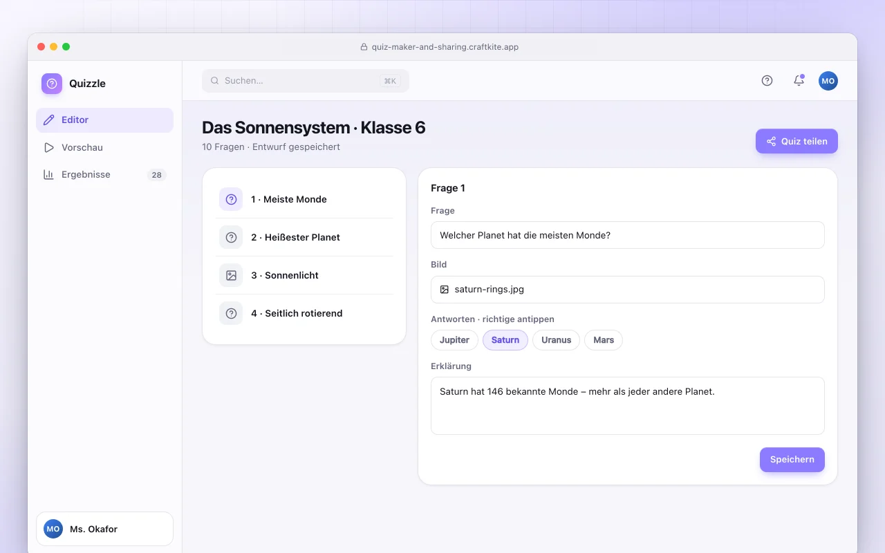 Quiz-Ersteller mit Teilen-Link: der Bildschirm „Das Sonnensystem · Klasse 6“