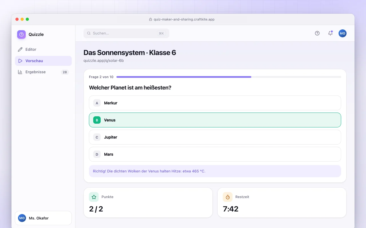 Quiz-Ersteller mit Teilen-Link: der Bildschirm „Das Sonnensystem · Klasse 6“