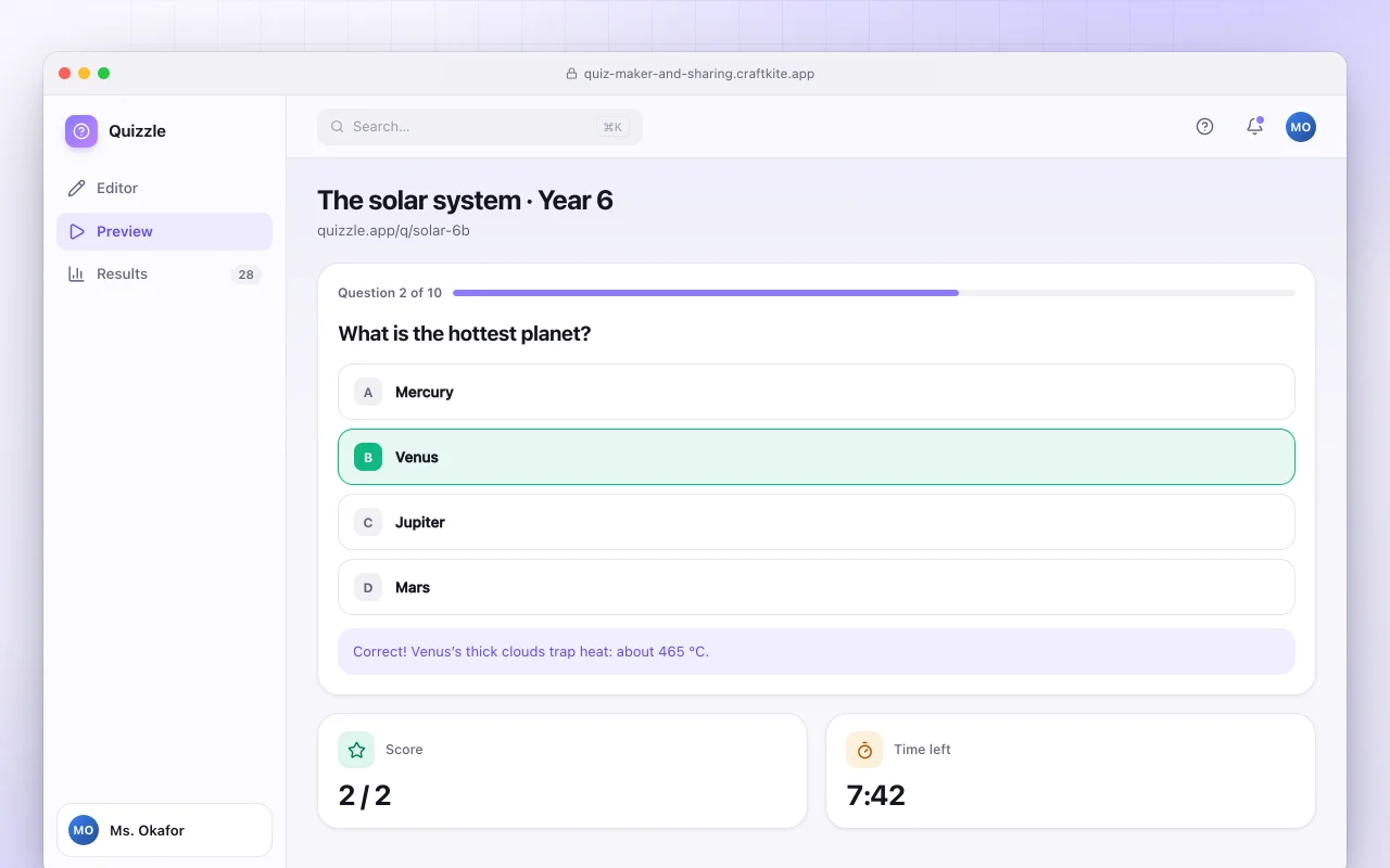 Quiz maker with share links: the The solar system · Year 6 screen