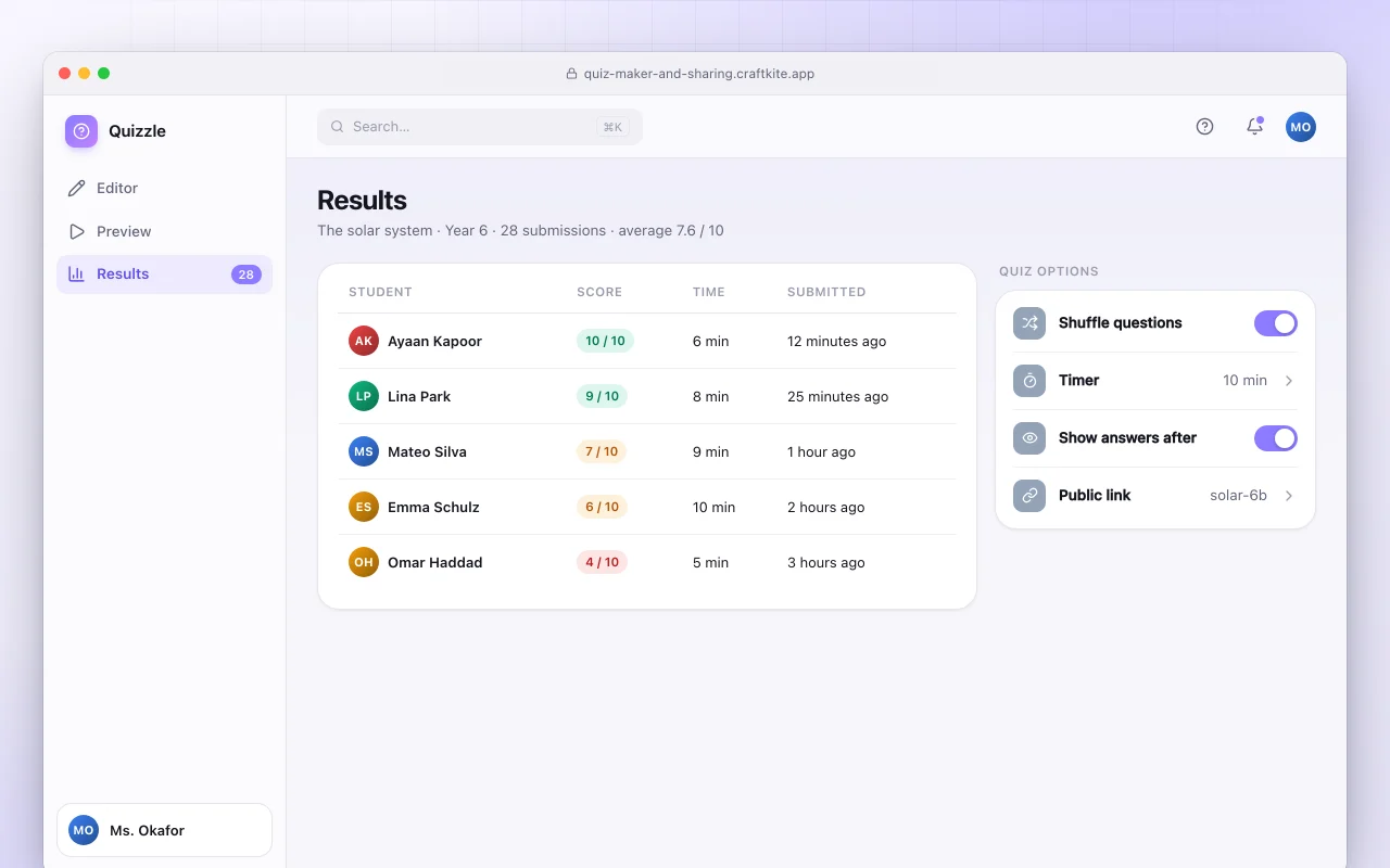 Quiz maker with share links: the Results screen