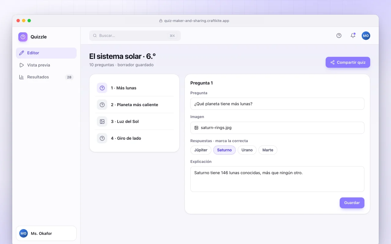 Creador de cuestionarios con enlace: la pantalla El sistema solar · 6.º