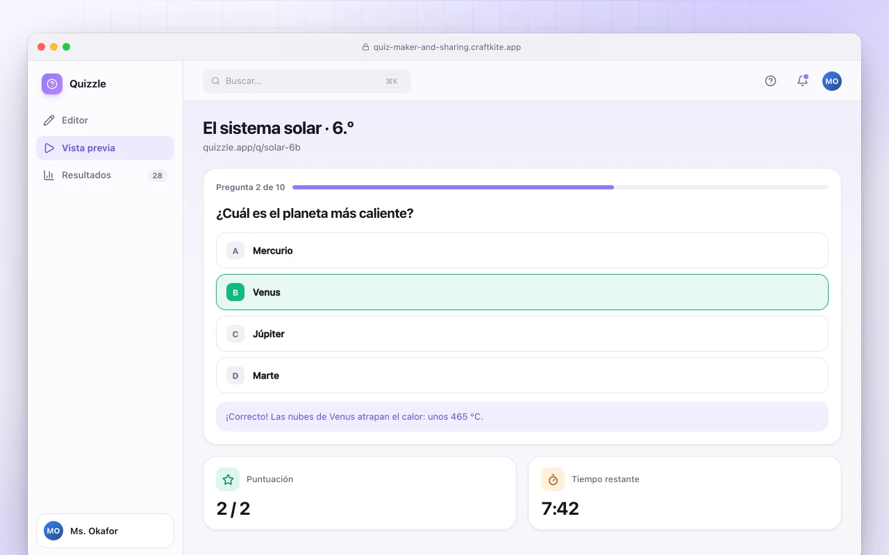 Creador de cuestionarios con enlace: la pantalla El sistema solar · 6.º