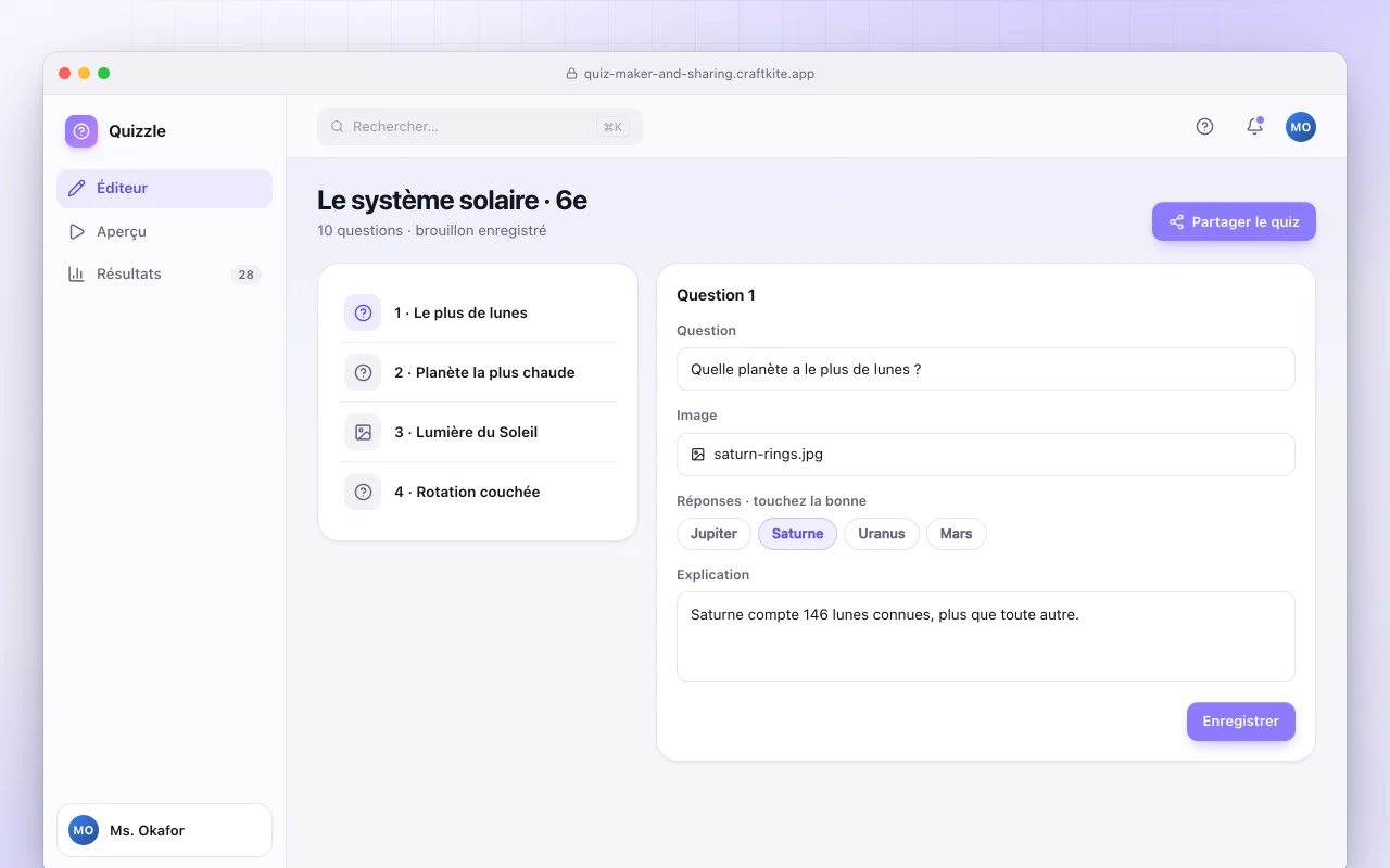 Créateur de quiz avec liens de partage : l’écran Le système solaire · 6e