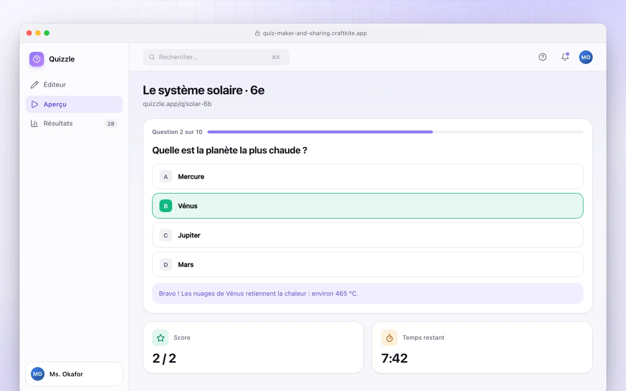 Créateur de quiz avec liens de partage : l’écran Le système solaire · 6e
