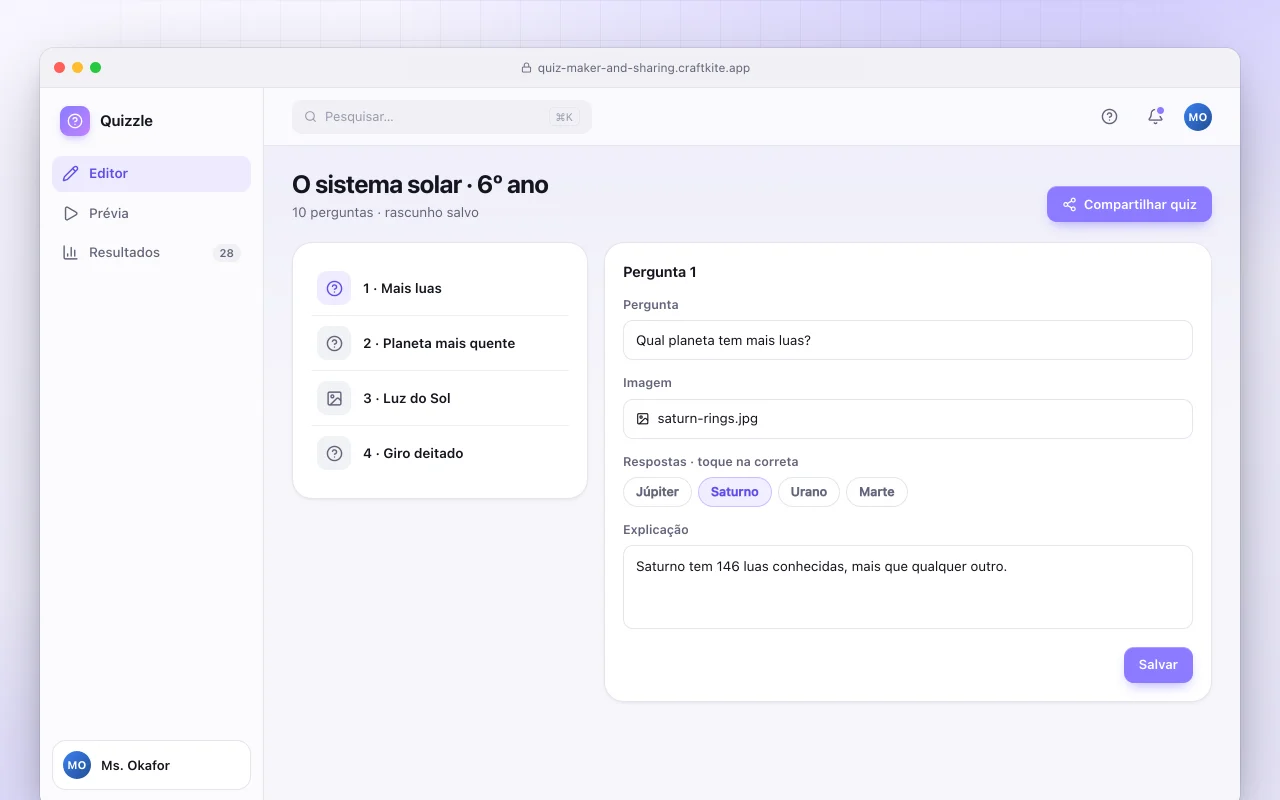 Criador de quizzes com link: a tela O sistema solar · 6º ano
