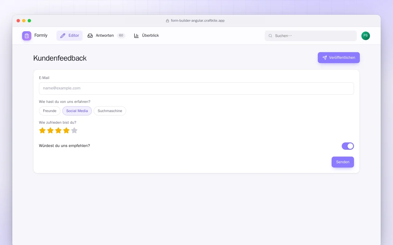 Formular-Baukasten (Angular): der Bildschirm „Kundenfeedback“