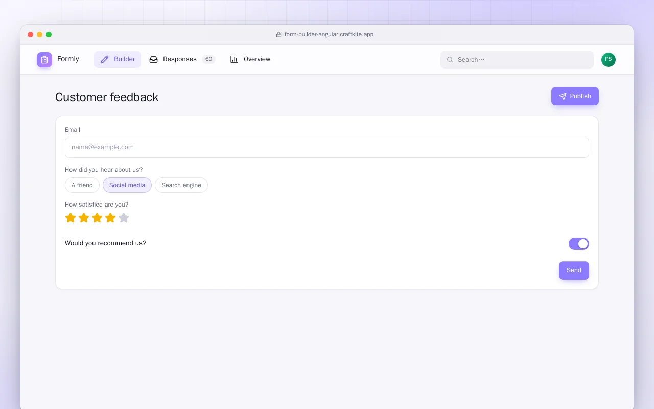 Form Builder (Angular): the Customer feedback screen