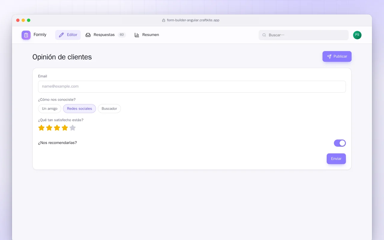 Creador de formularios (Angular): la pantalla Opinión de clientes
