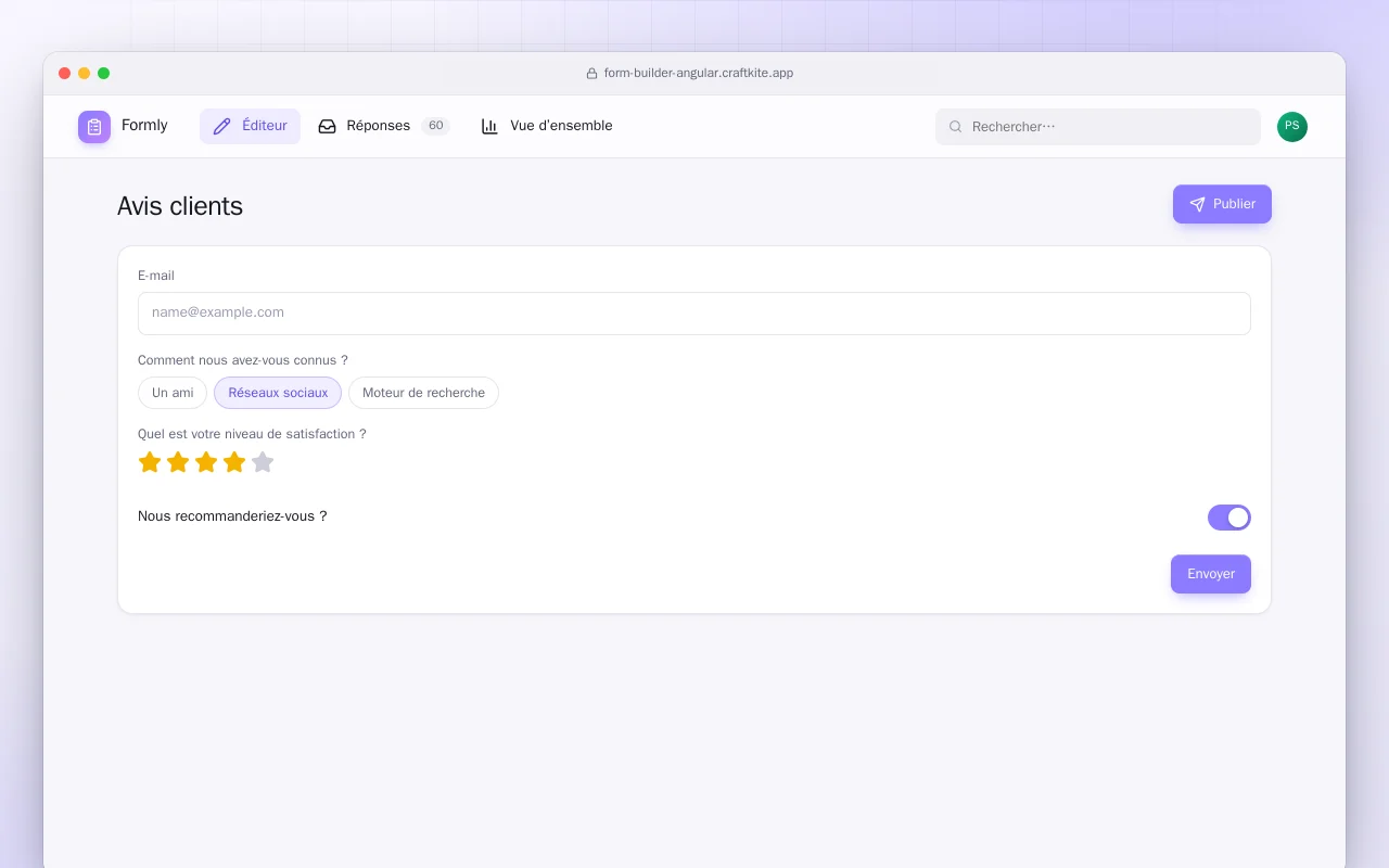 Créateur de formulaires (Angular) : l’écran Avis clients