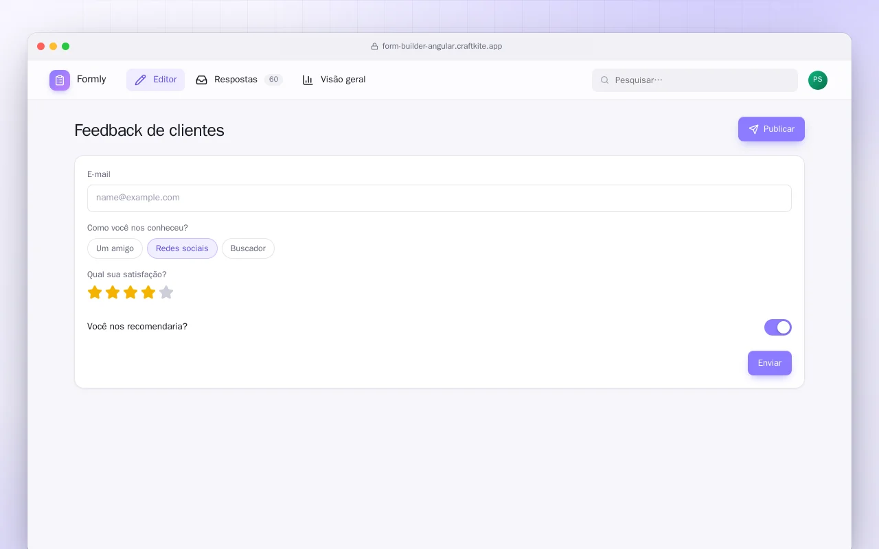 Criador de formulários (Angular): a tela Feedback de clientes