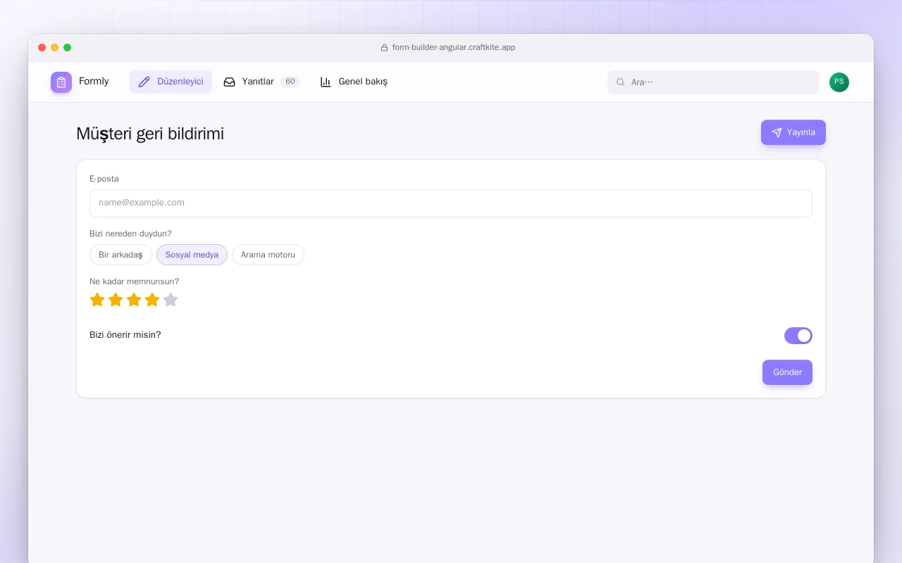 Form Oluşturucu (Angular): Müşteri geri bildirimi ekranı