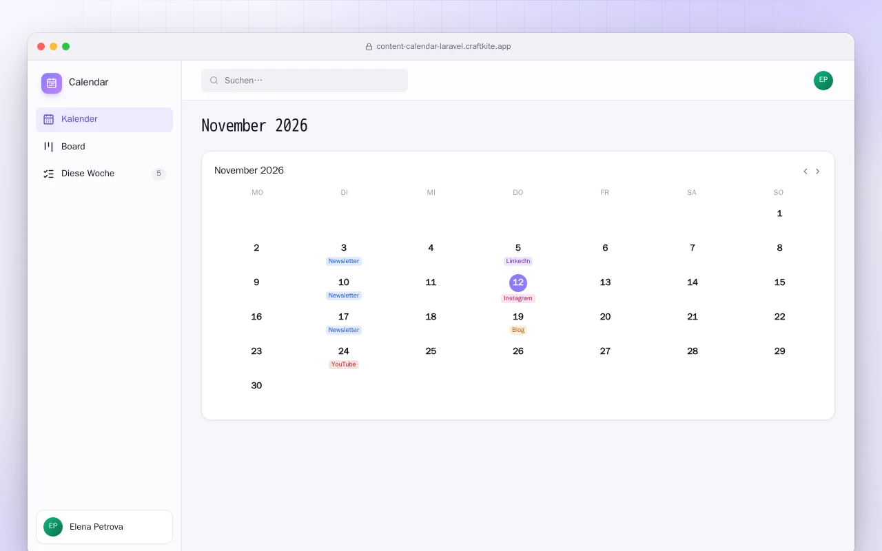 Content-Kalender (Laravel): der Bildschirm „November 2026“