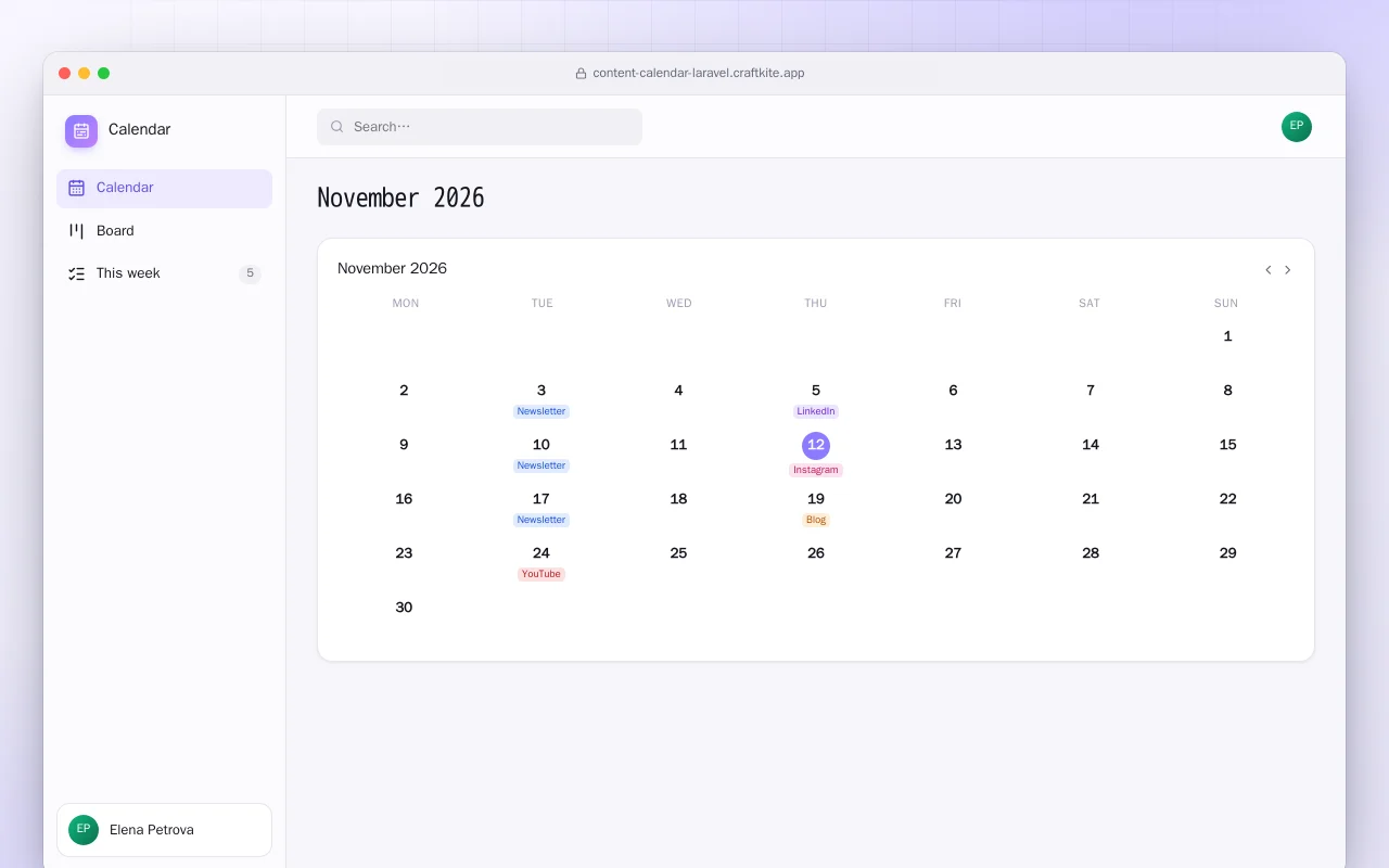 Content Calendar (Laravel): the November 2026 screen