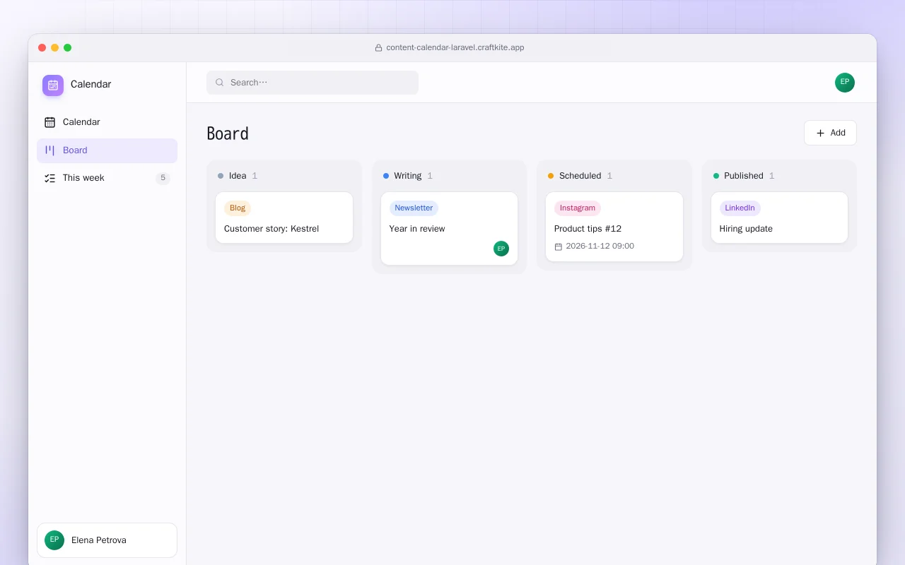 Content Calendar (Laravel): the Board screen