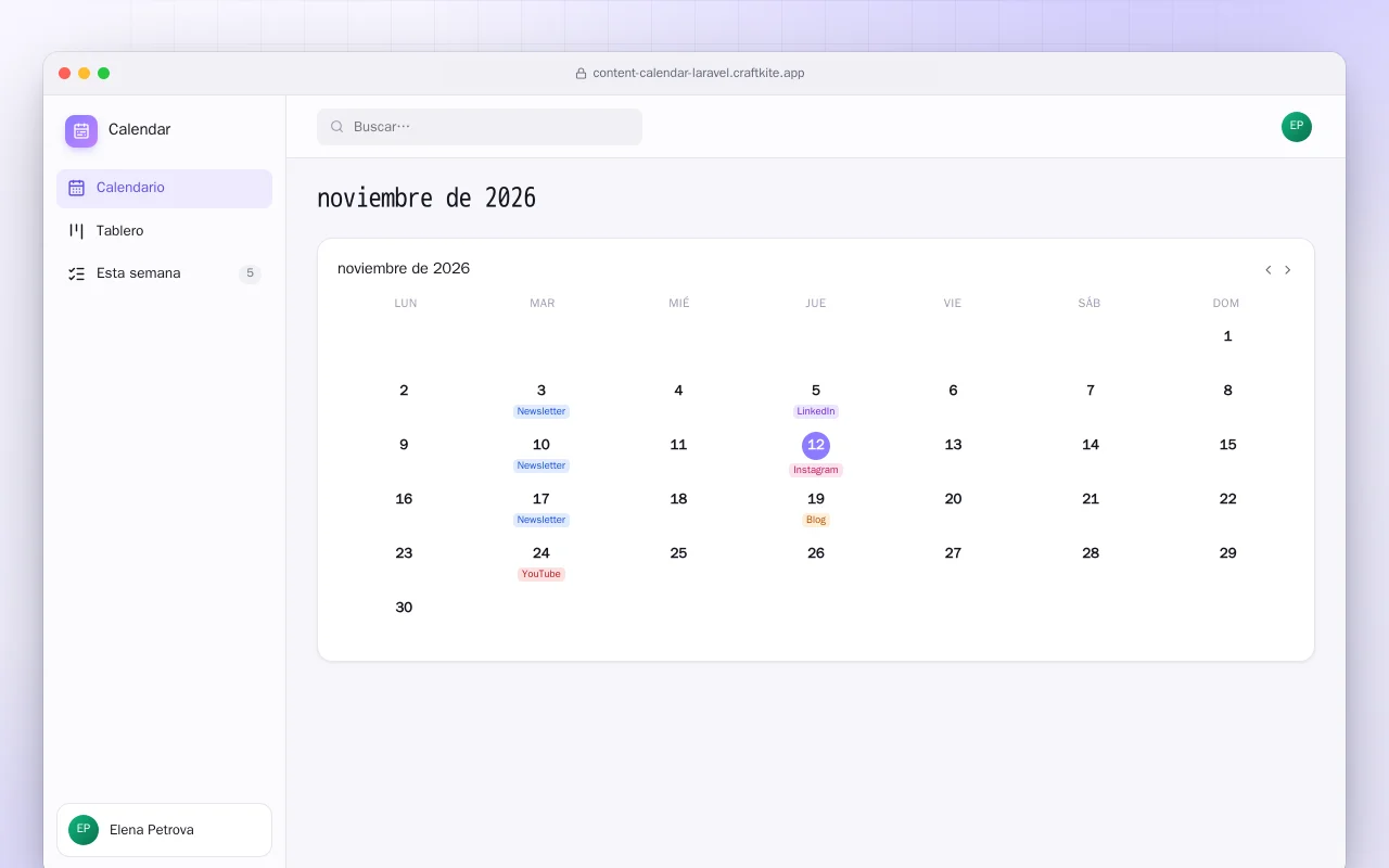 Calendario de contenidos (Laravel): la pantalla noviembre de 2026