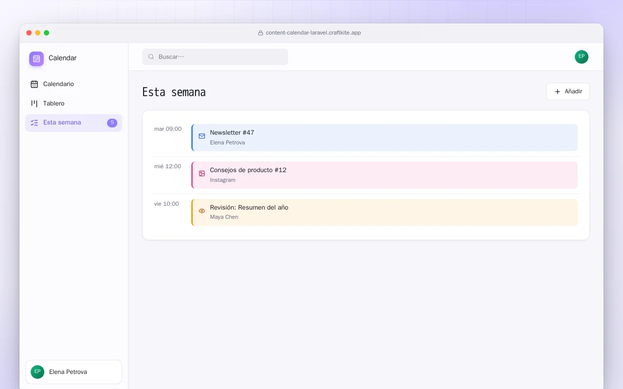 Calendario de contenidos (Laravel): la pantalla Esta semana