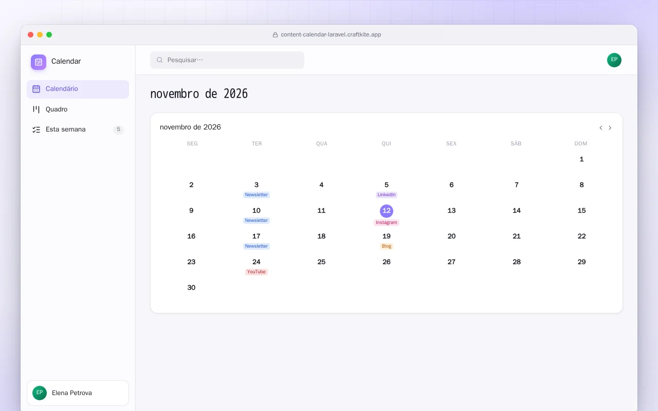 Calendário de conteúdo (Laravel): a tela novembro de 2026