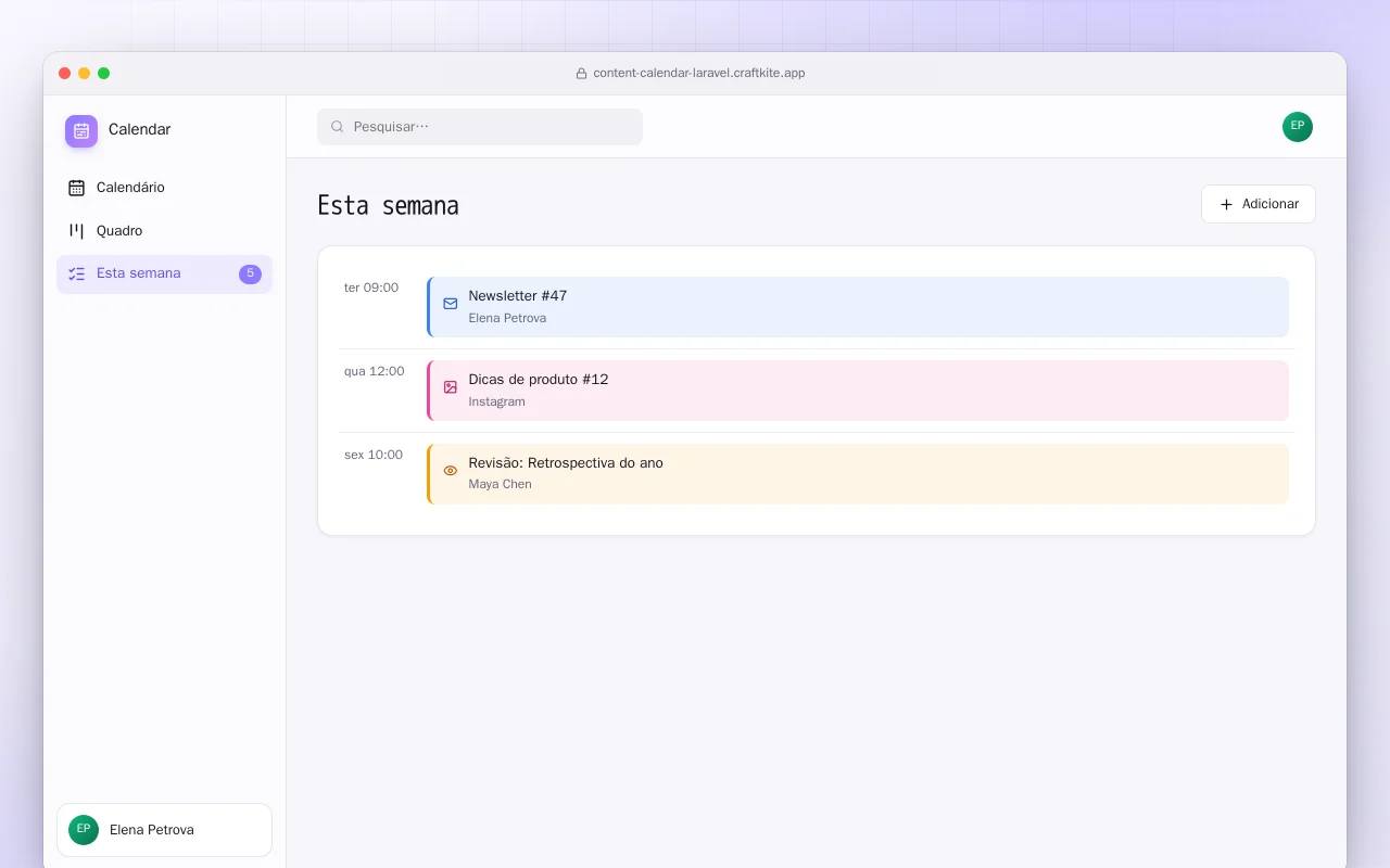Calendário de conteúdo (Laravel): a tela Esta semana