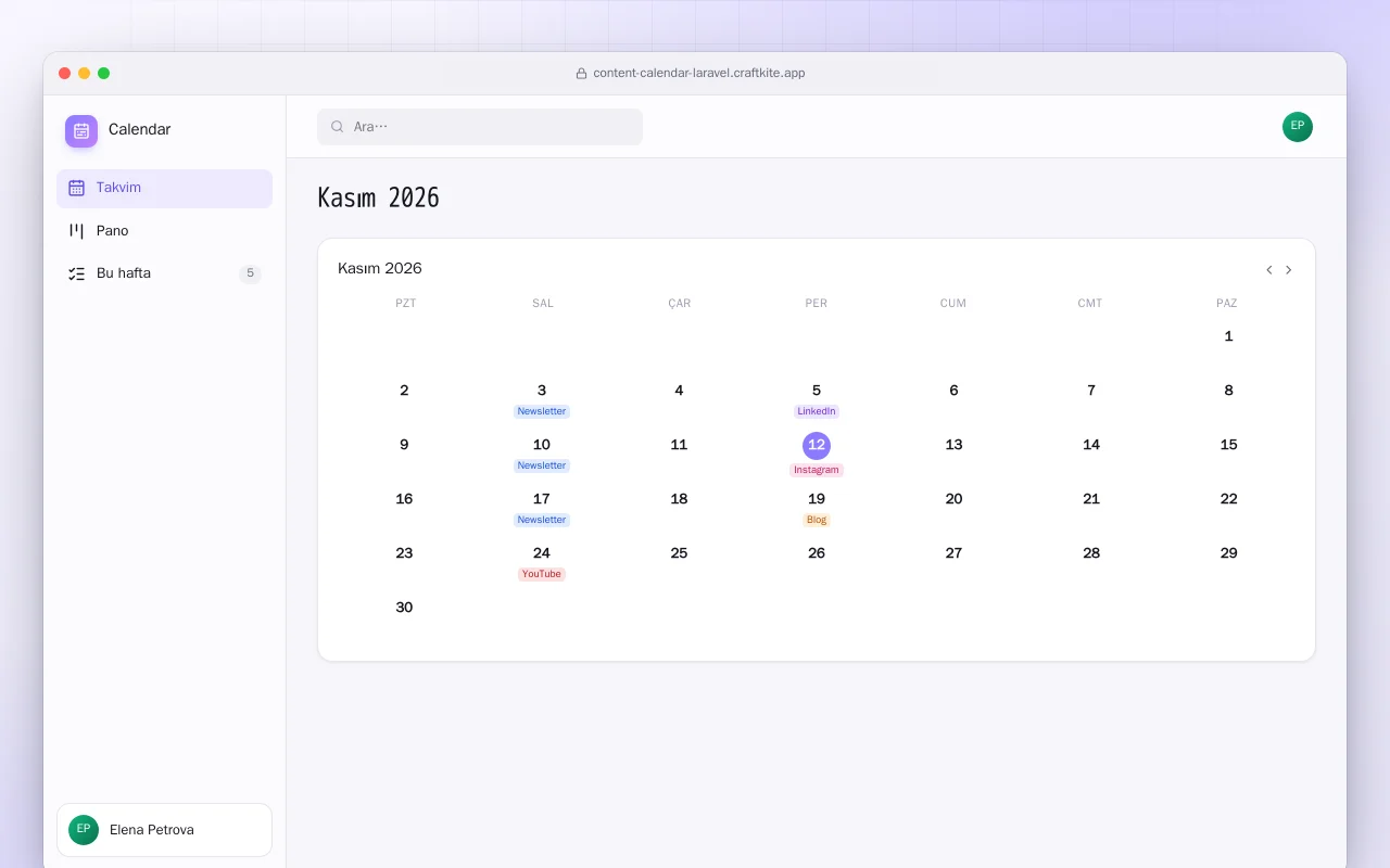 İçerik Takvimi (Laravel): Kasım 2026 ekranı