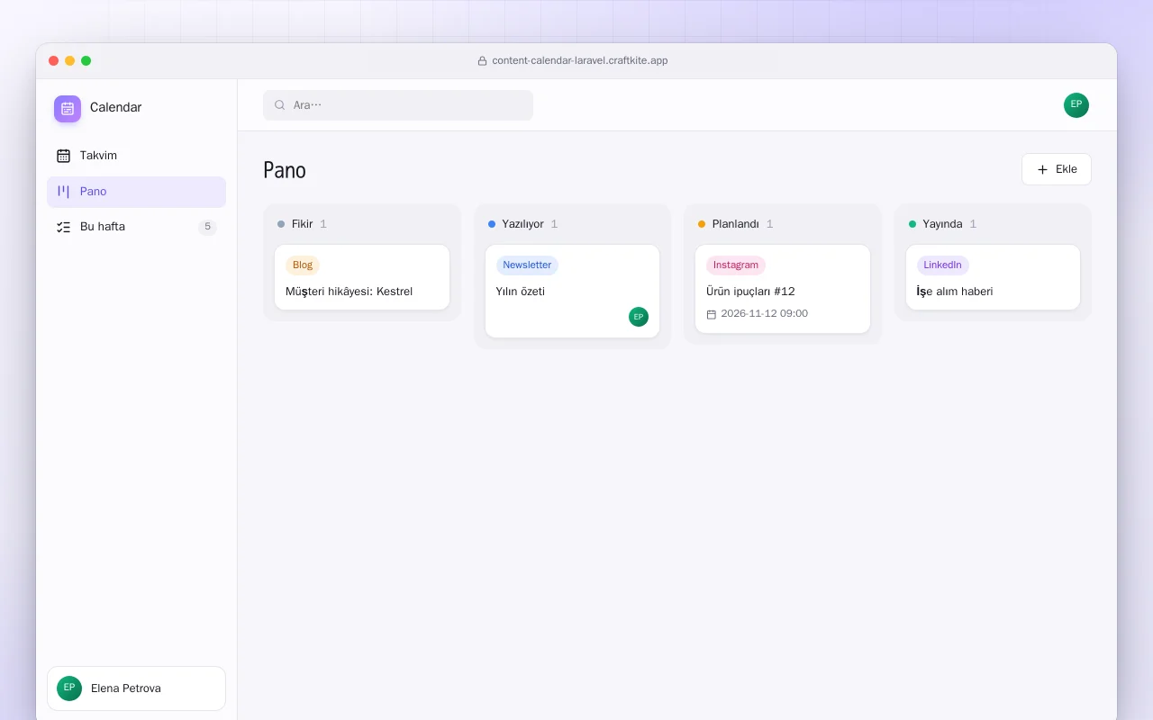İçerik Takvimi (Laravel): Pano ekranı