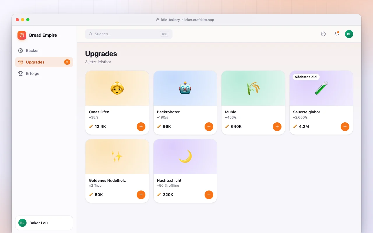 Idle-Bäckerei-Clicker: der Bildschirm „Upgrades“
