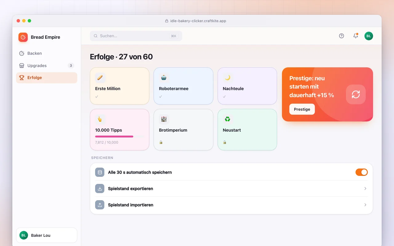 Idle-Bäckerei-Clicker: der Bildschirm „Erfolge · 27 von 60“