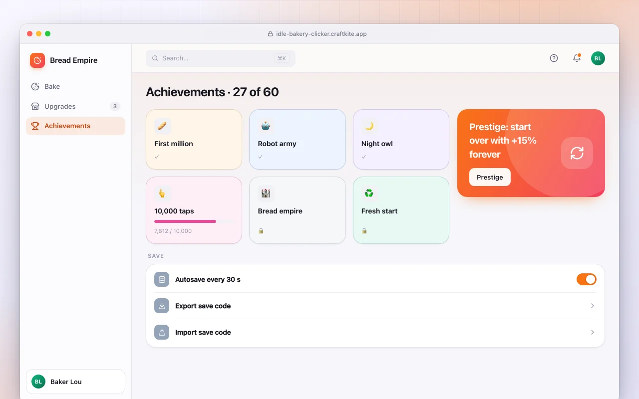 Idle bakery clicker: the Achievements · 27 of 60 screen