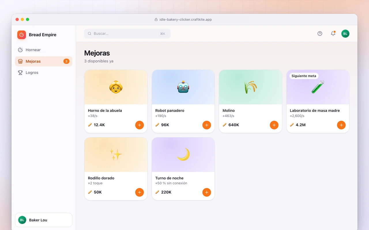 Panadería de clics: la pantalla Mejoras