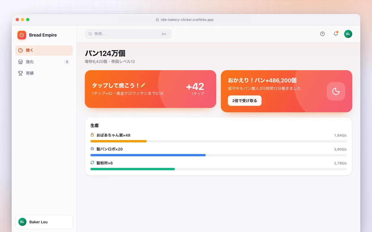 放置型ベーカリークリッカー：パン124万個画面