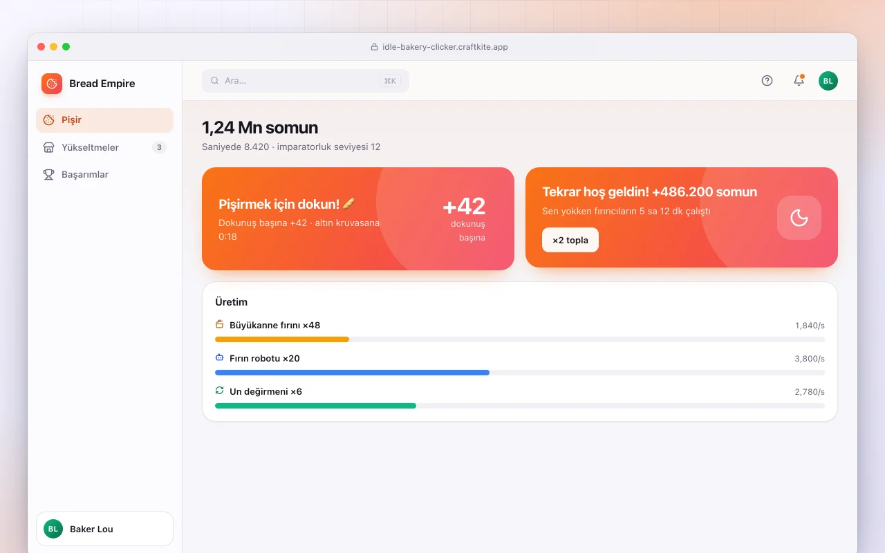 Boşta fırın tıklama oyunu: 1,24 Mn somun ekranı