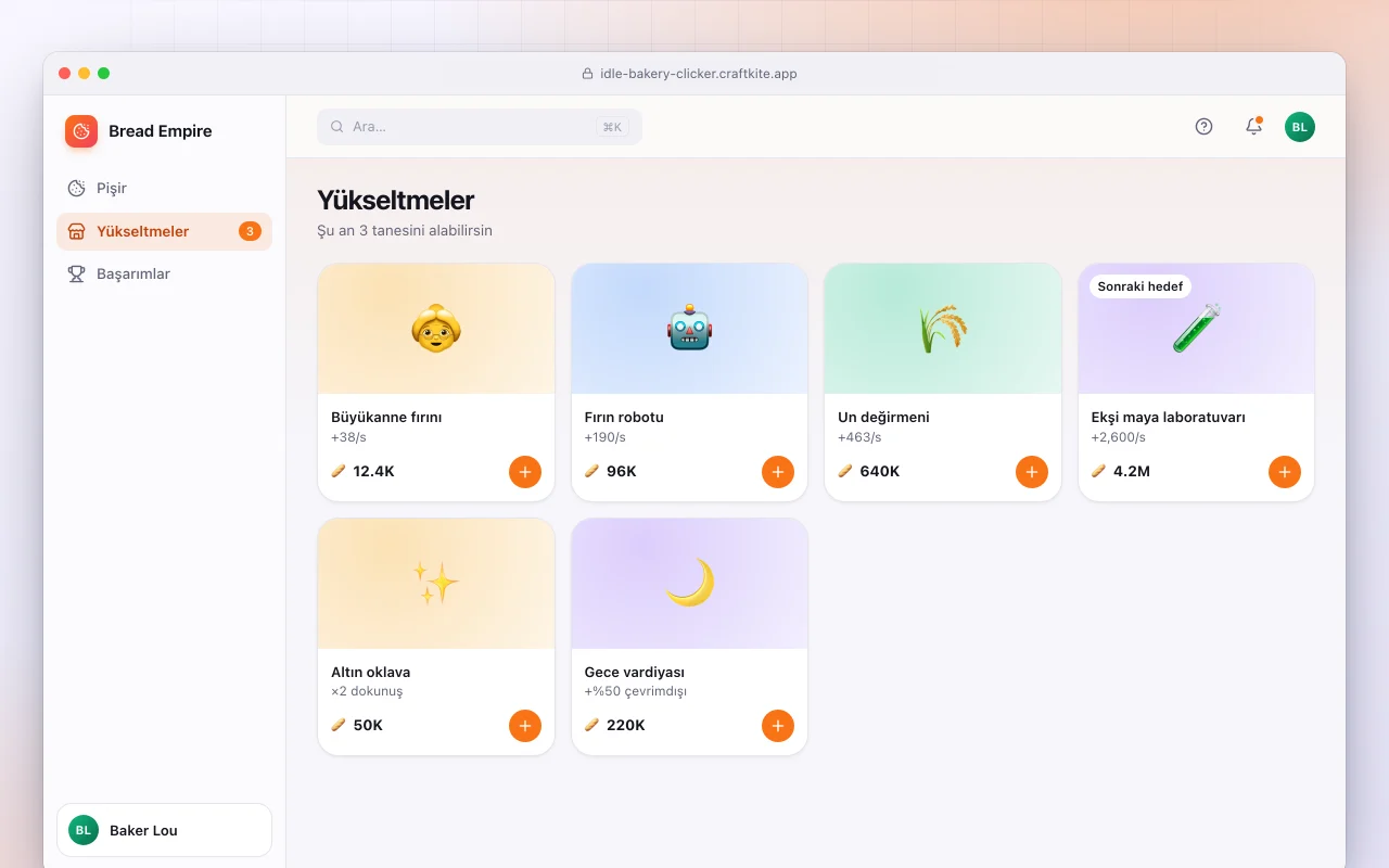 Boşta fırın tıklama oyunu: Yükseltmeler ekranı