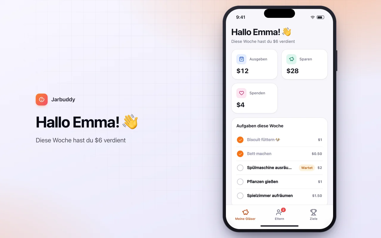 Taschengeld und Aufgaben für Kinder: der Bildschirm „Hallo Emma! 👋“